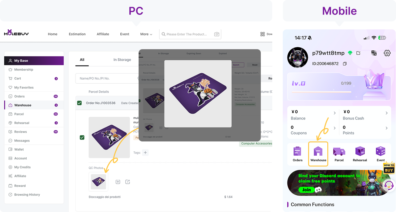 Inspect warehouse QC before deciding to ship: Warehouse item and QC-photo views. Open the screenshot at full size to read the controls; pictured products are examples.