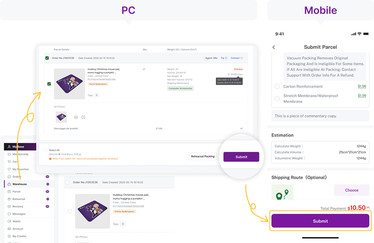 Build the parcel and review international freight: The historical interface labels this Rehearsal Packing. The pictured Overdue item is a status example, not confirmation that it can be shipped. Old prices are not estimates for your parcel.