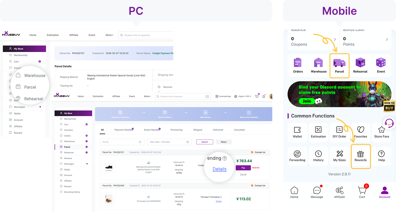 Track the parcel from its own record: This parcel example shows Freight Payment Pending. It demonstrates the parcel/details area, not a dispatched shipment; reward controls are not tracking controls.
