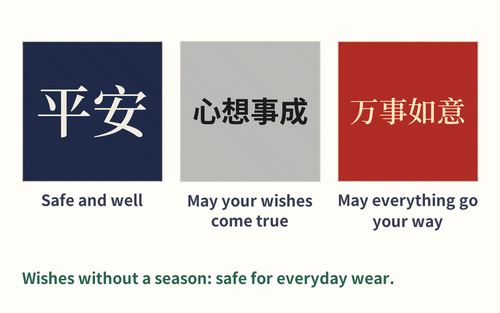Four everyday blessing phrases on fabric swatches, each tagged as suitable all year