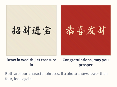 The phrases zhao cai jin bao and gong xi fa cai set as red paper banners with their literal meanings underneath
