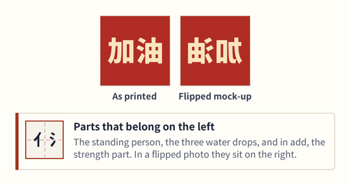 The word jiayou printed normally and mirrored, with the strength and water components circled on each