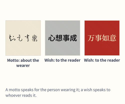 Three idioms on fabric swatches, the motto marked as about the wearer and the two wishes marked as aimed at the reader