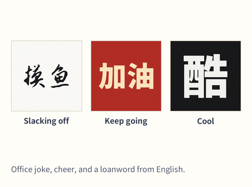 Three print samples: slacking off drawn with a fish, keep going on a red sports shirt, and cool on black